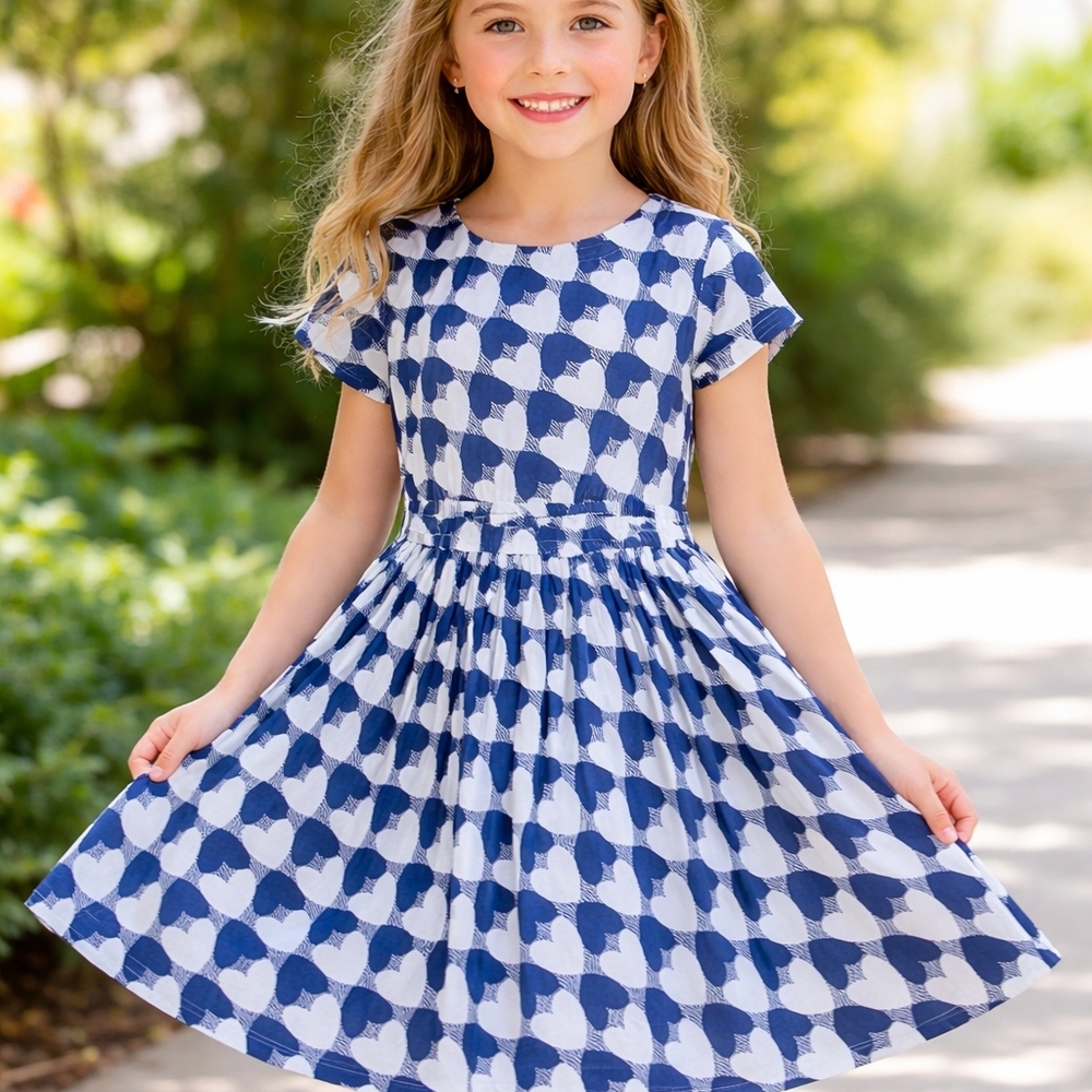 Crewcuts J.Crew Girls Size 6 Blue White Heart Print Preppy Dress Cotton
